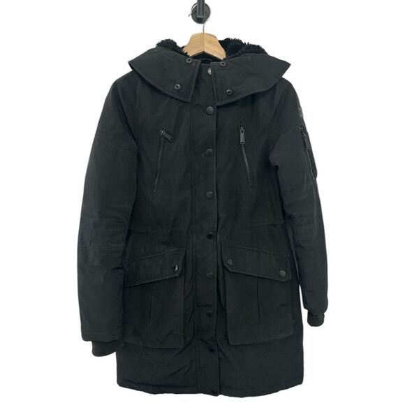 BCBG Black Parka XS Mid-Length Faux Fur Hood Designer Luxury Puffer Coat Jacket - Picture 1 of 4